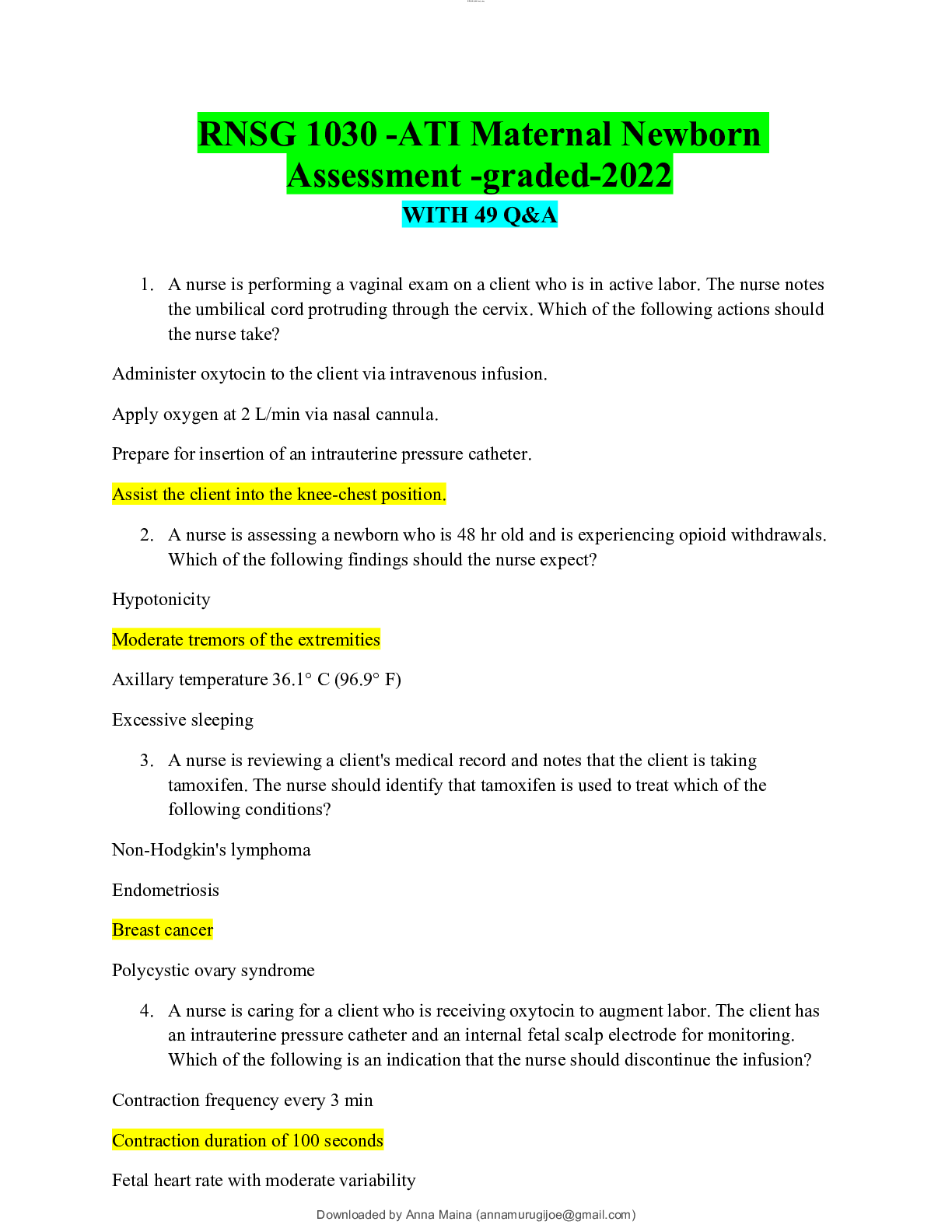 Preview of RNSG 1030 -ATI Maternal Newborn Assessment -graded-2022